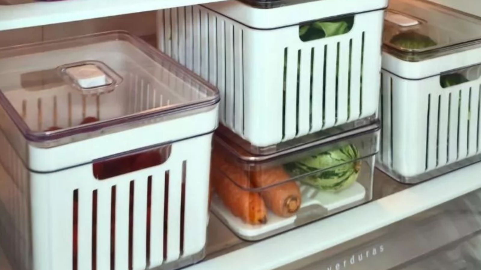 Caixa organizadora para geladeira transparente usada para organizar alimentos.