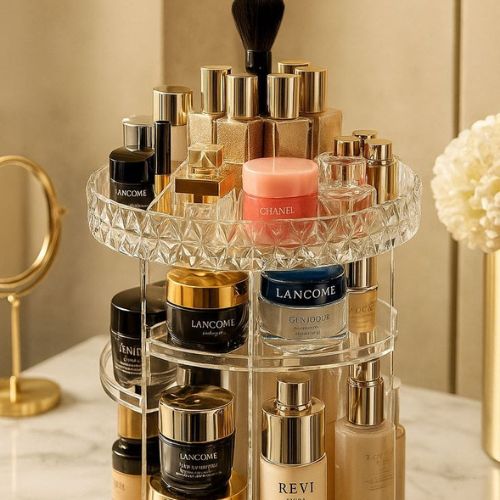 Organizador de maquiagem giratório 360 graus acrílico com nichos ajustáveis para armazenar cosméticos